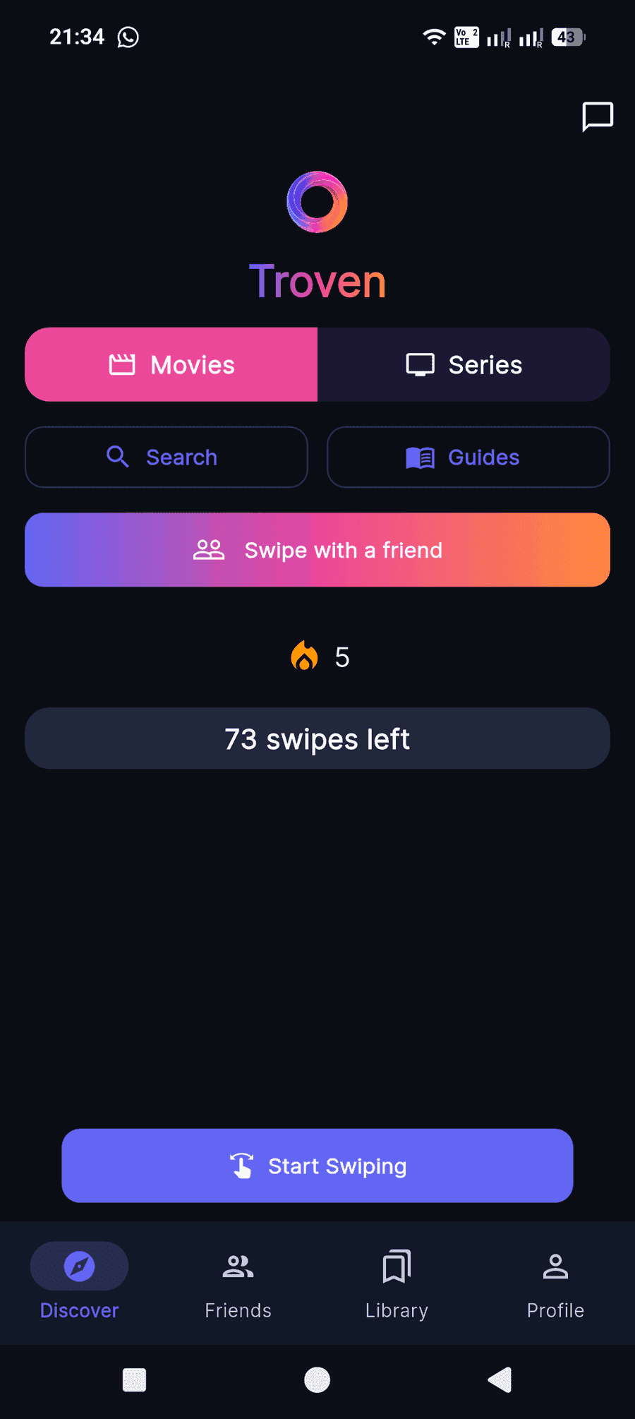 Troven Discover screen with Movies, Series, and Start Swiping