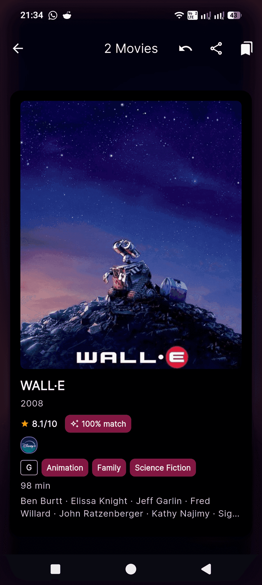 Troven title card for WALL-E with rating and genres